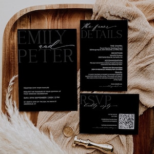 Black Wedding Invitation Templates, Modern Black Wedding Invitation Set With Rsvp, Printable, Editable, Details, Instant download, NOIR