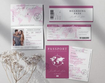 Magenta Passport Wedding Invitation Suite Passport And Boarding Pass Wedding Destination Wedding Set (Digital Download)