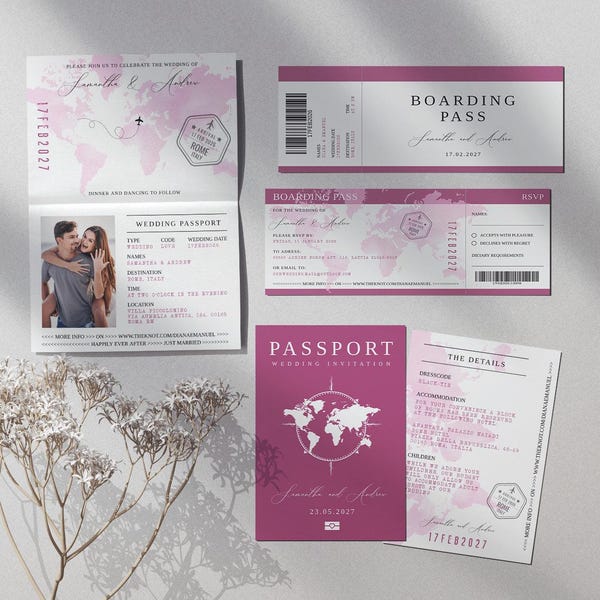 Magenta Passport Invitation Wedding Suite Template Printable Destination Wedding Set Pink Boarding Pass Details Editable, INSTANT Download
