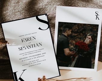 May include: Two wedding invitation cards with a minimalist design. One card features the names "Karen and Sebastian" in elegant typography. The other card has a photo of a couple. The invitations are on a neutral background.
