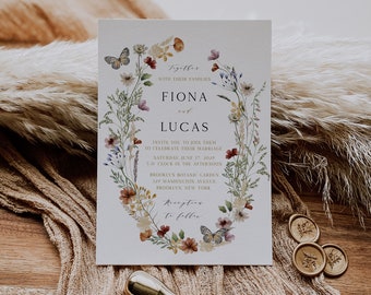 Plantilla de invitación de boda estilo boho con flores silvestres. Conjunto de invitaciones de boda con flores de jardín. Diseño floral primaveral editable (descarga digital).