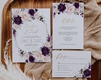 Purple Wedding Invitation Suite with Photo Floral Wedding Invitation Set (Digital Download, Editable Template, EMP-471)