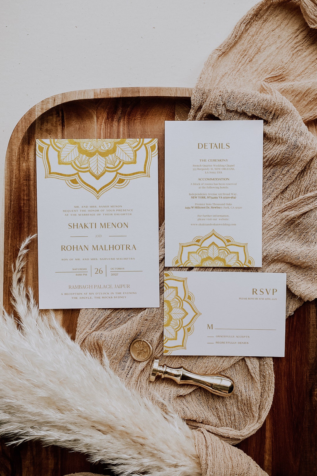 Hindu Wedding Invitation Suite Template, Gold Mandala Wedding Invite