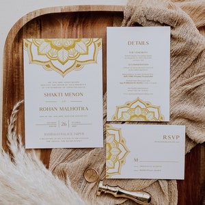 Modelo de suíte de convite de casamento hindu, conjunto de convite de casamento de mandala dourada, imprimível, totalmente editável com RSVP e detalhes, conjunto de casamento