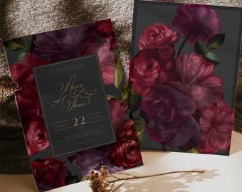 May include: A black and gold wedding invitation with a floral design. The invitation features a dark background with burgundy flowers and gold accents. The text on the invitation reads "You are cordially invited to attend the wedding of..." and includes the names "Marisa and Thomas" and the date "August 22".