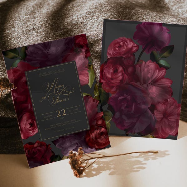Moody Wedding Invitation Template DUSKY ROMANCE Floral Wedding Set Black Wedding Moody Floral Wedding Invite | Editable, EMP-332/4