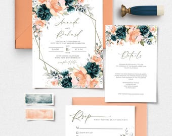 Peut inclure: Suite d'invitation de mariage avec un motif floral pêche et sarcelle. L'invitation présente un cadre géométrique doré et le texte "Amanda et Richard". La carte RSVP comprend une section de réponse avec des cases à cocher pour "Accepter avec joie", "Nombre de participants" et "Célébrer de loin".
