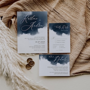 Watercolor Splash Wedding Invitation Suite Template Blue Splash Wedding Invite Set Thunderstorm Cloud Wedding Set, Editable INSTANT, EMP-465