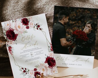 Burgundy Blush Wedding Invitation Template With Photo: Watercolor Florals (Digital Download, EMP-470)