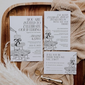 Champagne Tower Wedding Invitation Template Suite Doodle Wedding Invite Whimsical Wedding Hand Drawn Invite Set, INSTANT Download, EMP-442