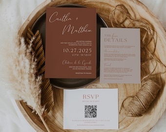 May include: A wedding invitation suite with a brown and beige color scheme. The main invitation features the couple's names, "Caitlin + Matthew", the date "10.27.2025", and the location "Chateau de la Garde". The details card includes information about the ceremony and reception, including accommodation and travel details. The RSVP card features a QR code and the text "RSVP before 04.27.2025".