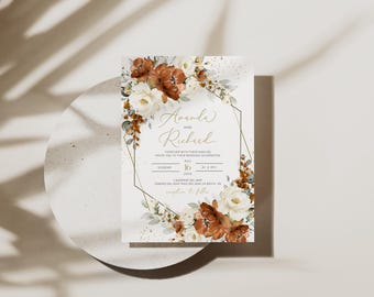 Burnt Orange & Beige Wedding Invitation Template with Photo (Digital Download, Templett, EMP-508)