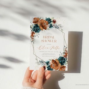 Terracotta Teal Bridal Shower Invitation Template, Burnt Teal Bridal Shower Invite Floral, Printable, Bridal Event INSTANT Download, EMP-420