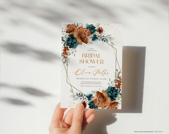Terracotta Teal Bridal Shower Invitation Template: Floral Watercolor Invite  (Digital Download, EMP-420)
