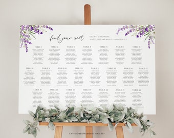 May include: A white seating chart with lavender floral accents and the text "find your seat." The chart lists names under numbered tables. The event details include the names Claire & Nicholas and the date and location.