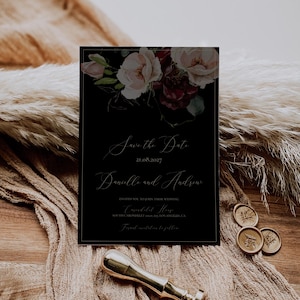 Black and Gold Wedding Save The Date Template, Moody Floral Save The Date Card, Black Wedding Save The Date Printable, Editable, EMP-175