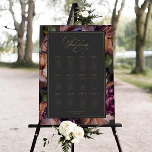 Black Wedding Seating Chart Template Moody Floral Seating Chart Sign Template Floral Art Printable Editable INSTANT download, EMP-332