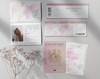 Peach Vanilla Wedding Passport And Boarding Pass Invitation Suite Destination Wedding Set Digital Download