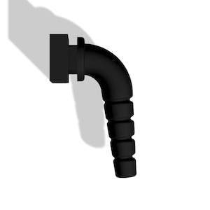 Könnte beinhalten: Schwarzes Kunststoff-Rohrfitting mit einem 90-Grad-Bogen. Das Fitting hat eine gerippte Textur und ein glattes, abgerundetes Ende.