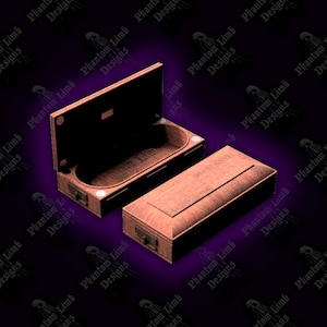 Könnte beinhalten: Eine detaillierte digitale Darstellung einer Holzkiste, offen und geschlossen, mit dunklem Innenraum. Die offene Kiste zeigt einen gewölbten Innenraum. Die Kisten sind rotbraun, mit einem dunkelvioletten Hintergrund. Der Text "Phantom Limb Designs" wird wiederholt.