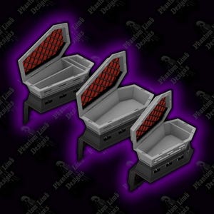 Puede incluir: Tres ataúdes grises en miniatura con tapas abiertas, que revelan un interior con estampado rojo. Los ataúdes están colocados sobre un fondo púrpura oscuro con el texto "Phantom Limb Designs" repetido.