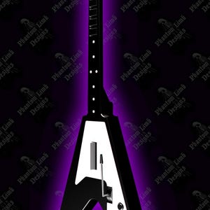 May include: A black and white V-shaped electric guitar with a purple glow. The guitar has a white pickguard and the word "Phantom" on the headstock. The background is a repeating pattern of the words "Phantom Limb Designs".
