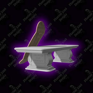 May include: A light-colored skateboard leans against a white, ornate bench. The bench has the text "Phantom Limb Designs" and "Phantom Iris Cemetery" engraved on it. The background is dark with a purple glow.