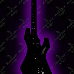 Pode incluir: Uma guitarra elétrica preta com um formato de corpo único, em um fundo gradiente roxo. A guitarra apresenta detalhes brancos e o texto "Phantom Limb Designs" é repetido no fundo. O cabeçote exibe o texto "P.D."