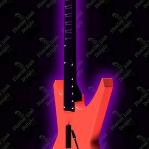 Peut inclure: Une guitare électrique orange vif au design angulaire prononcé. Le manche et la tête de la guitare sont noirs, avec le mot "Phantom" en orange. Une lueur violette entoure la guitare sur un fond sombre.