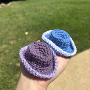 May include: Two crocheted hats, one purple and one blue, with white trim. The hats are held in a hand.