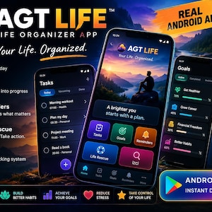 May include: The AGT LIFE mobile application interface displayed on multiple smartphones, featuring a dark theme with colourful icons for tasks, goals, reminders, life rescue, and izci tracking. The screen shows a dashboard with a sunset landscape.