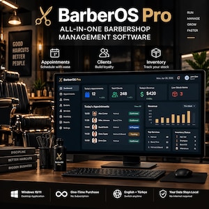 May include: A computer monitor displaying the BarberOS Pro software interface, featuring a dark-themed dashboard with appointment schedules, client lists, revenue charts, and inventory status. The screen shows text including BarberOS Pro, Appointments, Clients, and Inventory. A keyboard and mouse sit on the desk in front of the monitor.