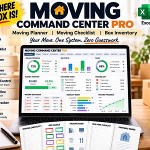 Può includere: Una dashboard digitale Moving Command Center Pro su schermo di un portatile, con grafici per il progresso del trasloco, lo stato delle scatole e il budget. Include pagine stampabili, etichette e una lista di controllo in inglese e turco.