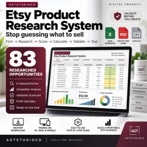 以下が含まれることがあります： AGTSTUDIOCOによるデジタル製品「Etsy Product Research System」の広告。画像には、製品アイデア、検索需要、利益スコアが記載されたスプレッドシートを表示するノートパソコンの画面と、Excel、PDF、CSVファイルのアイコンが表示されています。