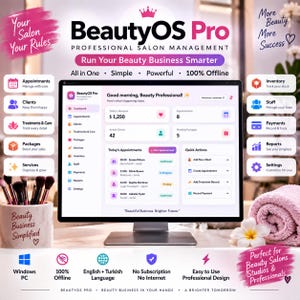 Puede incluir: Un monitor de computadora que muestra el panel del software de gestión de salones BeautyOS Pro. La interfaz muestra ingresos, citas y datos de clientes. El texto circundante incluye Your Salon Your Rules, More Beauty More Success y funciones como 100% Offline, Appointments, Clients, Inventory y Staff.