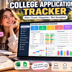 Può includere: Un tracker digitale per le domande di ammissione all'università visualizzato su uno schermo di un portatile, con una dashboard che mostra progressi, scadenze e confronti di costi, includendo sezioni per università, saggi e borse di studio.