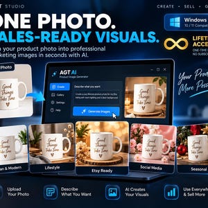 Peut inclure: Une interface logicielle intitulée AGT Studio affiche un générateur d'images de produits. L'écran montre une tasse blanche avec le texte Good Things Take Time et une icône de cœur. Cinq variantes de la tasse sont affichées sous la fenêtre.