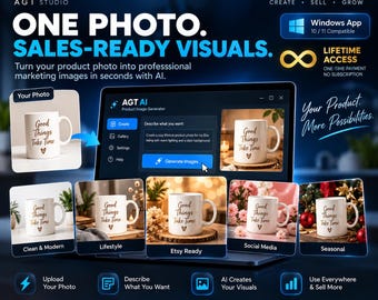 May include: A software interface titled AGT Studio displays a product image generator. The screen shows a white mug with the text Good Things Take Time and a heart icon. Five variations of the mug are displayed below the main software window.