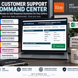 May include: A laptop displaying the AI Customer Support Command Center interface for Etsy sellers, featuring a list of 120 response scenarios, an Excel tool icon, and a white mug with the text Sell Create Grow, all presented in a digital product layout.