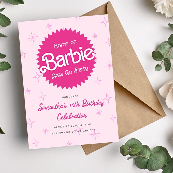 Pink Barbie-Themed Birthday Party Print Editable Invitation Template: Instant Digital Download - Printable and Customizable