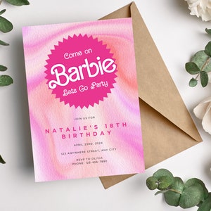 Modelo de convite editável para impressão de festa de aniversário com tema Barbie em aquarela rosa e laranja: download digital instantâneo - para impressão e personalização