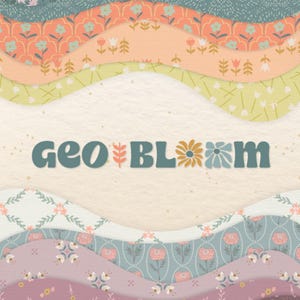 May include: A layered design with wavy edges features floral patterns in shades of peach, green, blue, and purple. The text "geo bloom" is displayed in teal with floral accents, suggesting a floral or botanical theme.