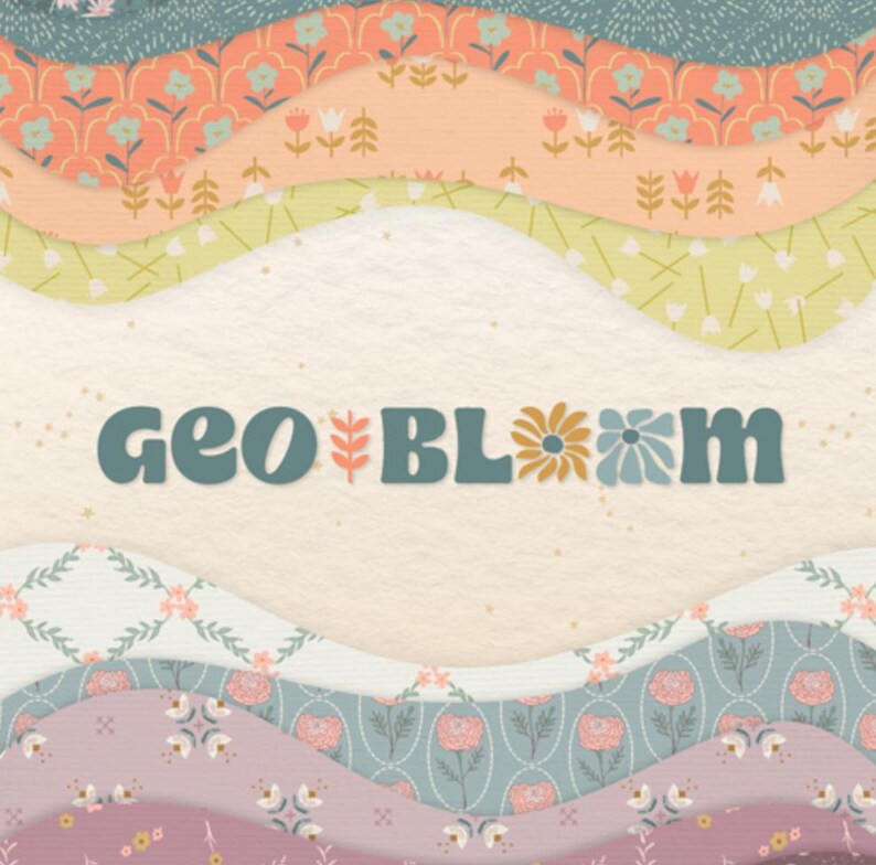 May include: A layered design with wavy edges features floral patterns in shades of peach, green, blue, and purple. The text "geo bloom" is displayed in teal with floral accents, suggesting a floral or botanical theme.
