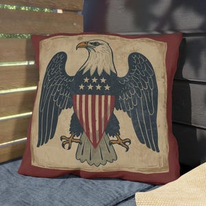 Cojín decorativo de exterior de doble cara con diseño de águila calva primitiva de los primeros Estados Unidos, 4 de julio, 250 años, Semiquincentenario, Decoración patriótica