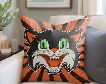Cojín cuadrado de poliéster hilado con diseño de gato negro vintage para Halloween, decoración retro de Halloween.
