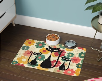 Tapete para comida para mascotas con diseño de gato atómico de mediados de siglo (12 x 18)