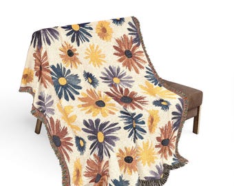 Vintage Mid Century Inspired Retro Flower Woven Blanket, Vintage Floral Home Accent