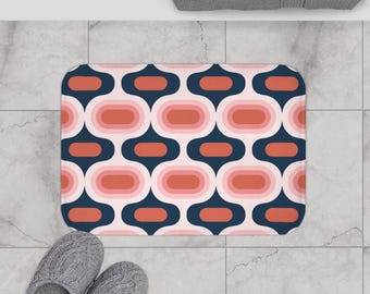 Vintage Mid Century Retro Ogee Ovals Pink Vector Pattern Bath Mat | Retro Bathroom Decor