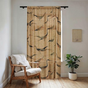 Mid Century Reiher Kranich Vorhang im primitiven Stil, Retro Vogel Muster, primitives Dekor