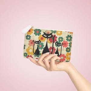 Mid Century Atomic Cat Retro Flower Mini Clutch Bag, Vintage Wallet, Vintage Flower Pattern Wristlet